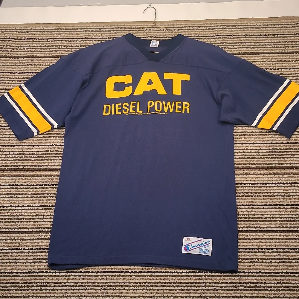 CHAMPION CAT Diesel Power Blue Gold Cotton Blend XL Short‎ Sleeve Shirt VTG 80s - Picture 2 of 8